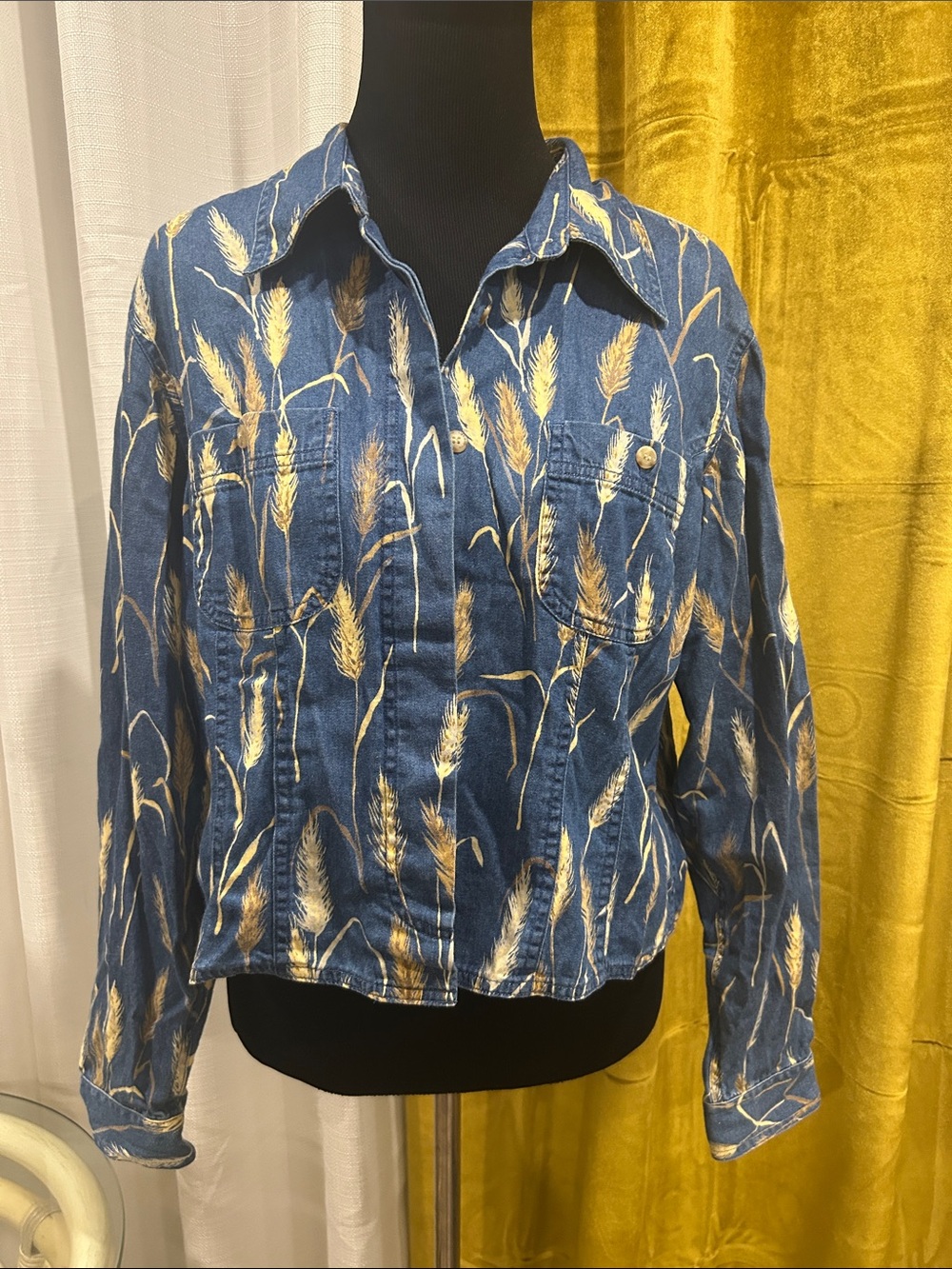 Liz Claiborne Vintage Blue Wheat-Print Jean top-100% Cotton